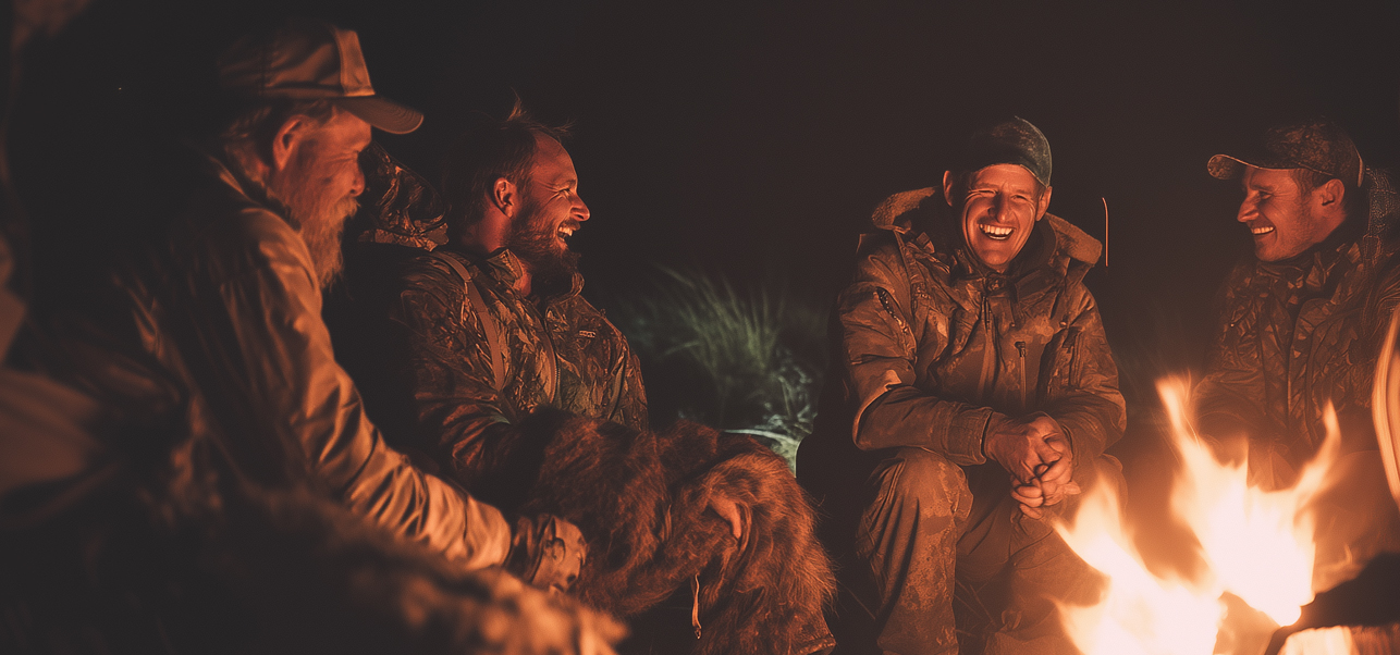 A group of hunters dressed in camouflage gear sitting around a campfire at night.