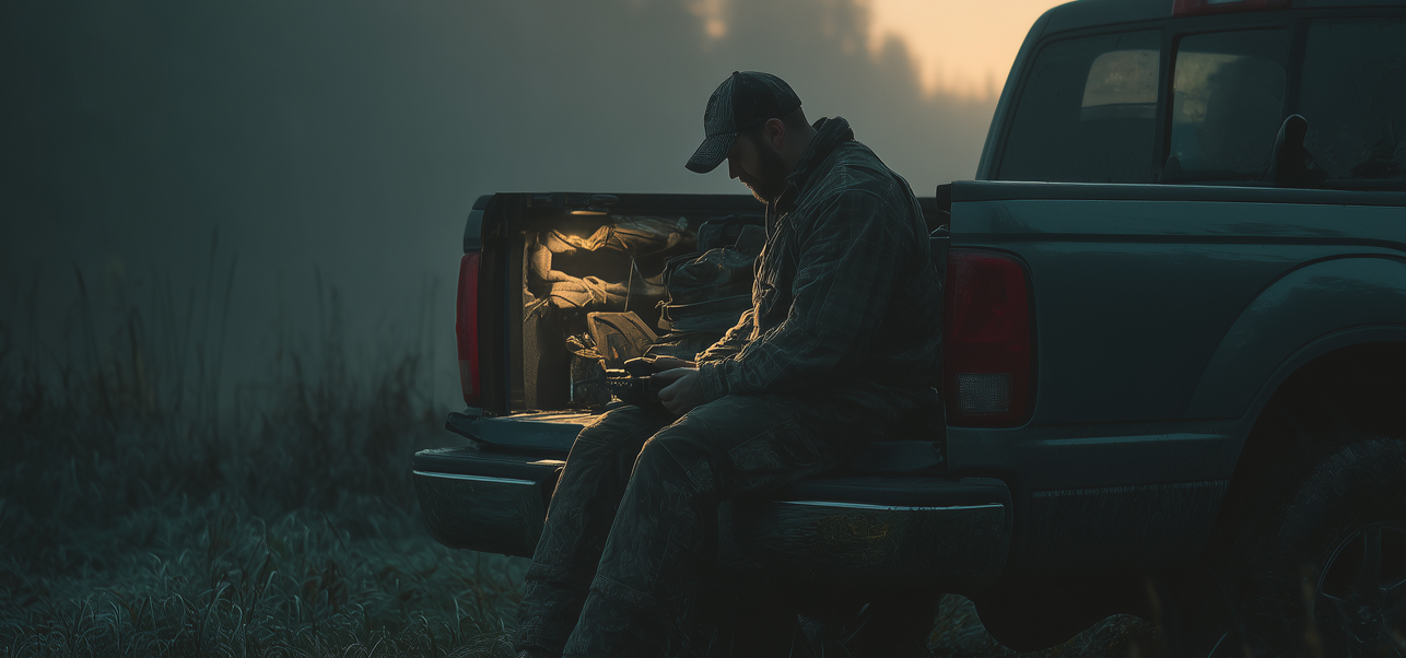 A lone hunter sitting in the back of his pickup truck.